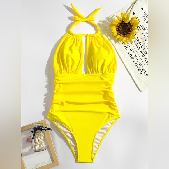 Yellow one piece halter bathers swimsuit - Picture 5 of 10